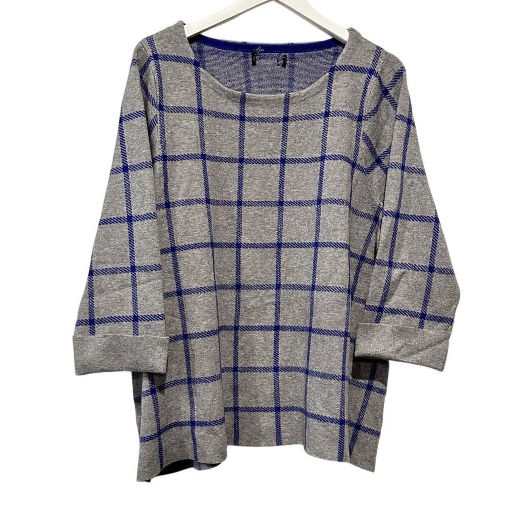 Cynthia Rowley Grey Blue 3/4 Sleeve Checkered Knit Pullover Sweater Work Office